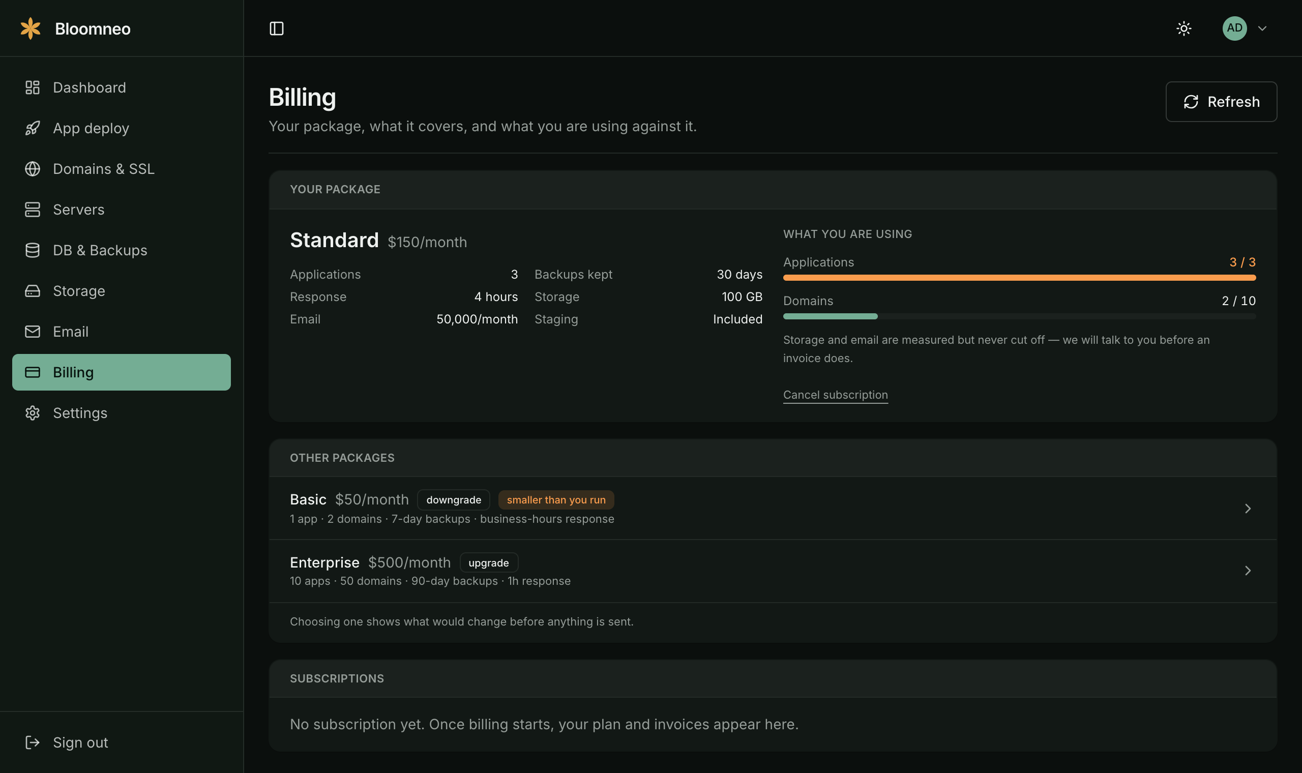 The Billing page showing the current package, usage bars for applications and domains, and the other packages available