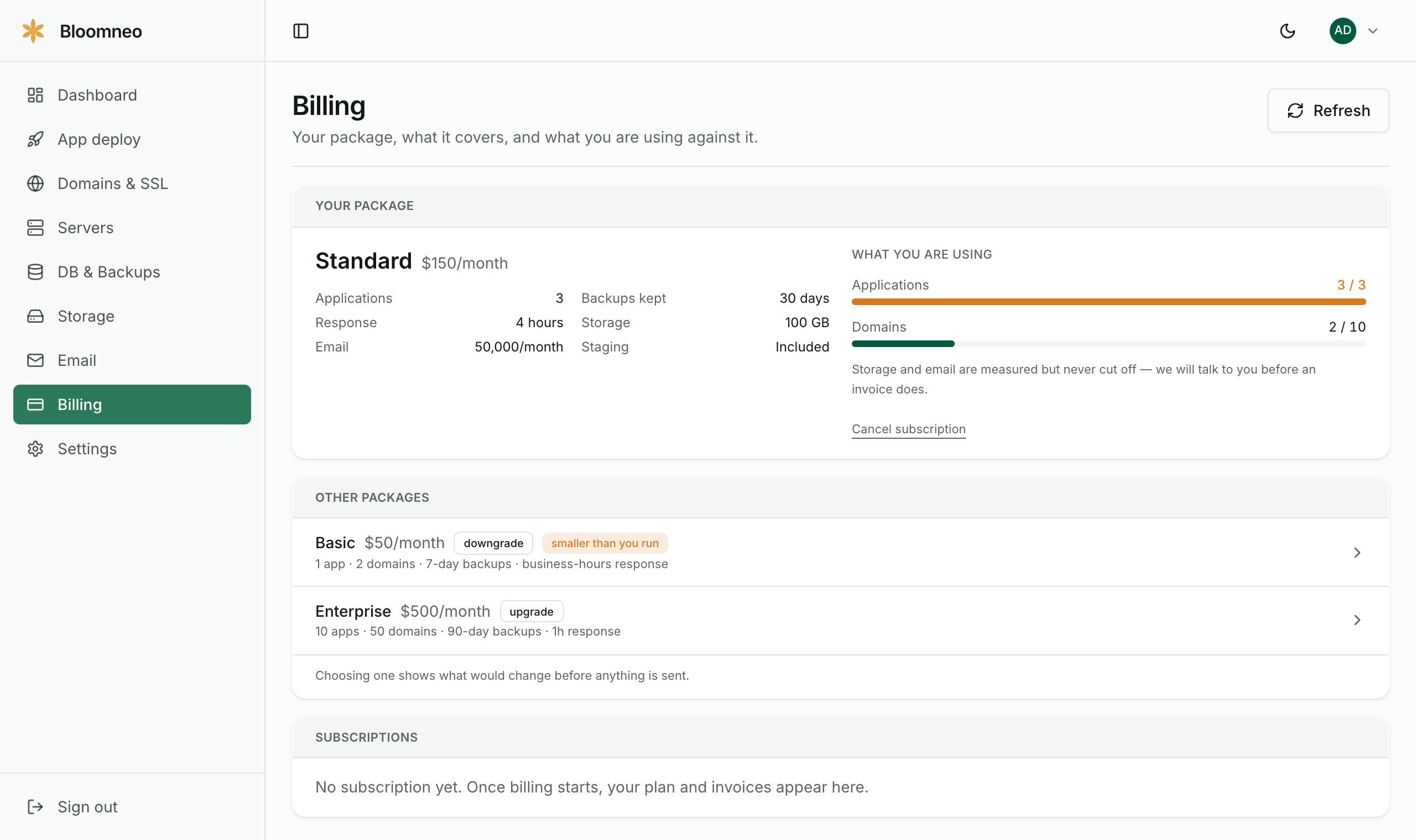 The Billing page showing the current package, usage bars for applications and domains, and the other packages available