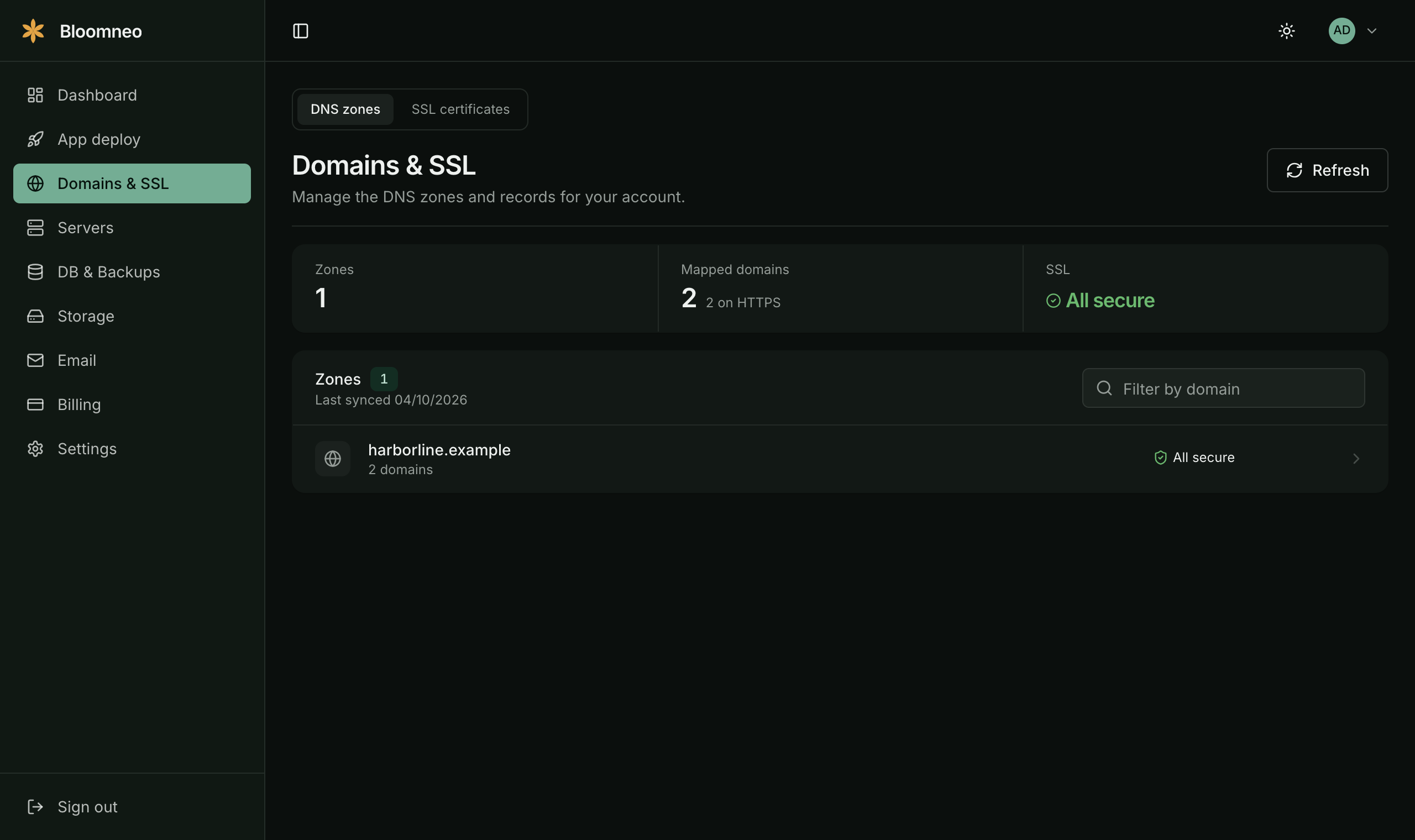 The Domains and SSL page showing DNS zones, mapped domains and certificate status reading all secure