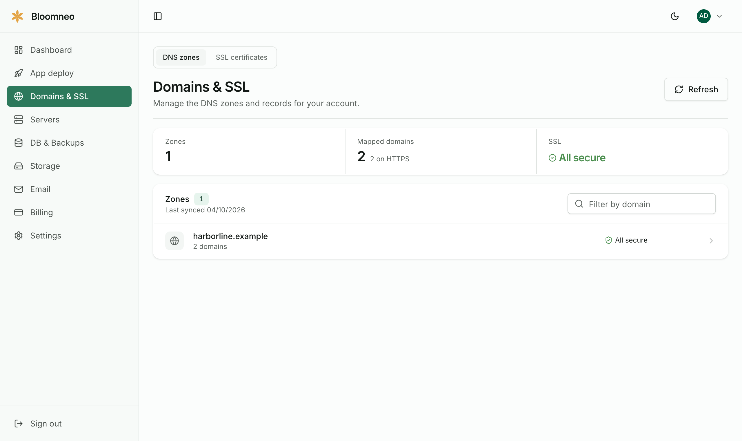 The Domains and SSL page showing DNS zones, mapped domains and certificate status reading all secure